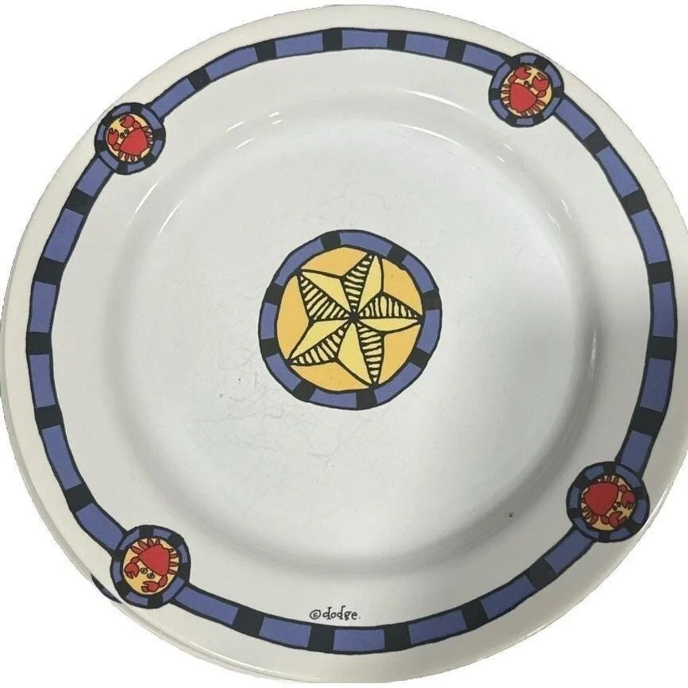 Dodge Studio Nautical Starfish Crab Dinner Plates Set of‎ 4 Coastal Blue White